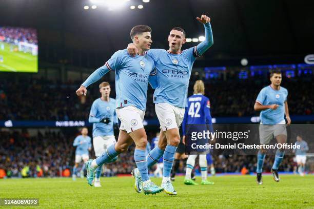 Phil Foden of Manchester City celebrates with scorer of the second City goal, Julian Alvarez during the Emirates FA Cup Third Round match between...