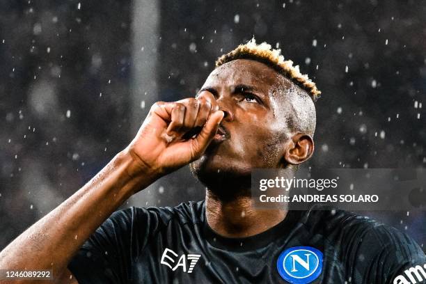 Napoli's Nigerian forward Victor Osimhen celebrates after opening the scoring during the Italian Serie A football match between Sampdoria and Napoli...