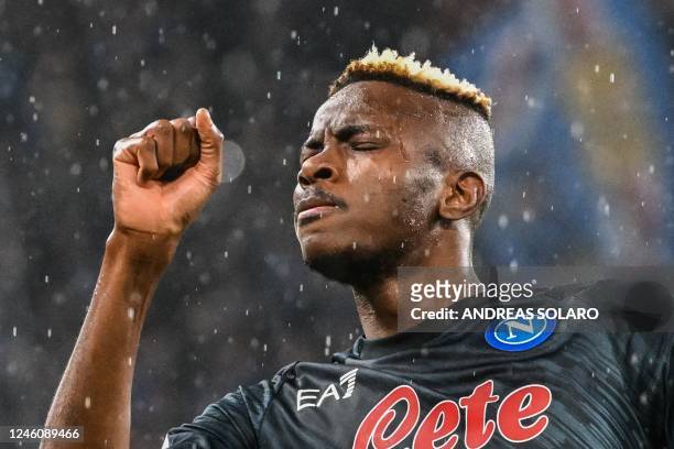 Napoli's Nigerian forward Victor Osimhen celebrates after opening the scoring during the Italian Serie A football match between Sampdoria and Napoli...