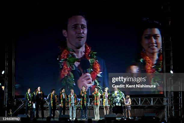 The cast of "Hawaii 5-0" on stage before the world premiere of the second season on September 10, 2011 in Waikiki, Hawaii.