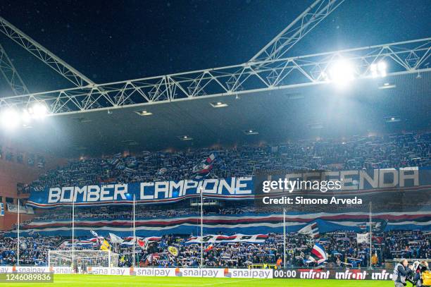 Fans of Sampdoria pay respect to the late Gianluca Vialli prior to kick-off in the Serie A match between UC Sampdoria and SSC Napoli at Stadio Luigi...