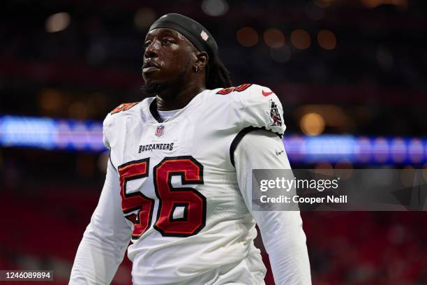 Rakeem Nunez-Roches of the Tampa Bay Buccaneers warms up before kickoff against the Atlanta Falcons at Mercedes-Benz Stadium on January 8, 2023 in...