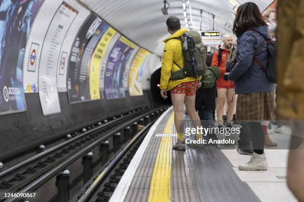 People take part in No Pants Subway Ride, on January 08, 2023 in London, United Kingdom.