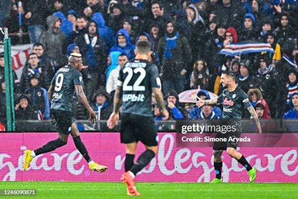 Victor Osimhen of Napoli celebrates with his team-mate Matteo Politano after scoring a goal during the Serie A match between UC Sampdoria and SSC...