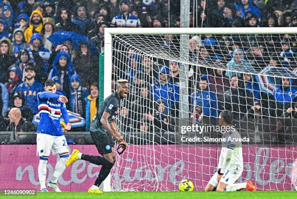 Victor Osimhen of Napoli celebrates after scoring a goal during the Serie A match between UC Sampdoria and SSC Napoli at Stadio Luigi Ferraris on...