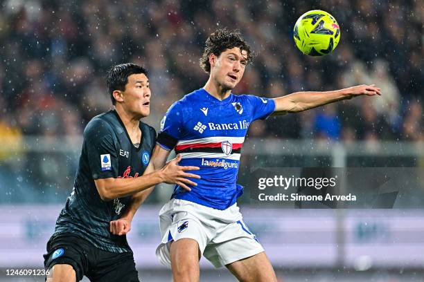 Kim Min Jae of Napoli and Sam Lammers of Sampdoria vie for the ball during the Serie A match between UC Sampdoria and SSC Napoli at Stadio Luigi...