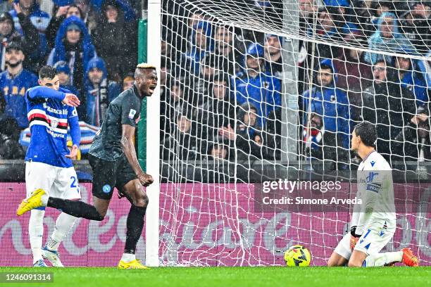 Victor Osimhen of Napoli celebrates after scoring a goal during the Serie A match between UC Sampdoria and SSC Napoli at Stadio Luigi Ferraris on...