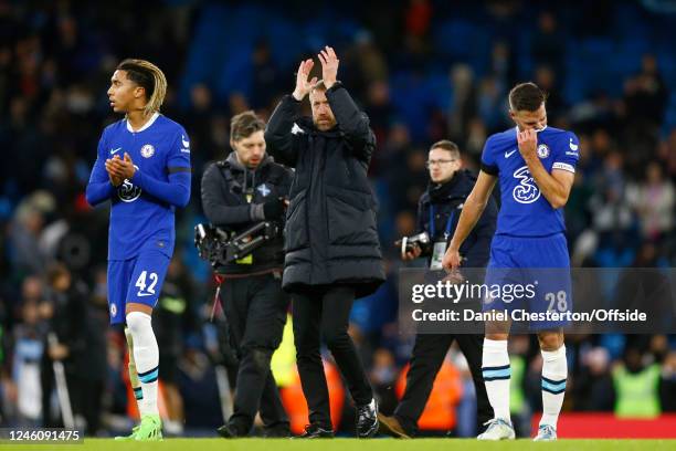 Chelsea manager Graham Potter acknowledges the travelling supporters after the 0-4 defeat in the Emirates FA Cup Third Round match between Manchester...