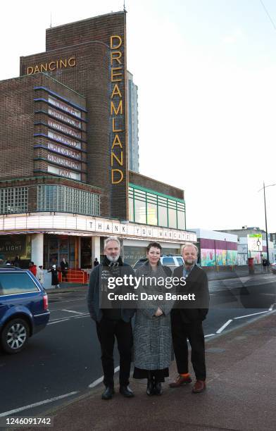 Sam Mendes, Olivia Colman and Toby Jones attend the South Coast Gala Screening of "Empire Of Light" at Dreamland on January 8, 2023 in Margate,...