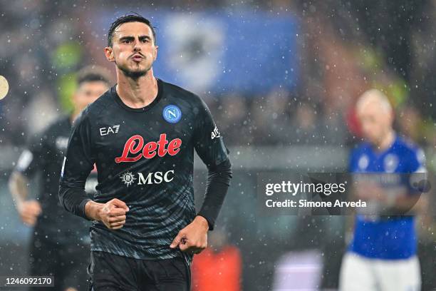 Eljif Elmas of Napoli celebrates after scoring a goal on a penalty kick during the Serie A match between UC Sampdoria and SSC Napoli at Stadio Luigi...