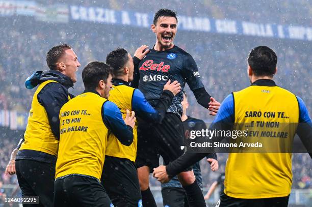 Eljif Elmas of Napoli celebrates with his team-mates after scoring a goal on a penalty kick during the Serie A match between UC Sampdoria and SSC...