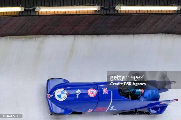 Brad Hall and Lawrence Taylor of the United Kingdom compete in the 2-man Bobsleigh during the BMW IBSF Bob & Skeleton World Cup at the...
