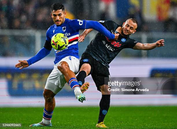 Daniele Montevago of Sampdoria and Stanislav Lobotka of Napoli compete for the ball during the Serie A match between UC Sampdoria and SSC Napoli at...