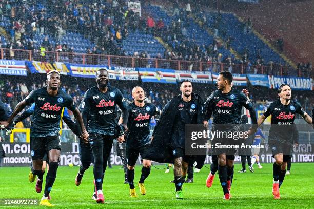 Victor Osimhen of Napoli celebrates with his team-mates after the Serie A match between UC Sampdoria and SSC Napoli at Stadio Luigi Ferraris on...