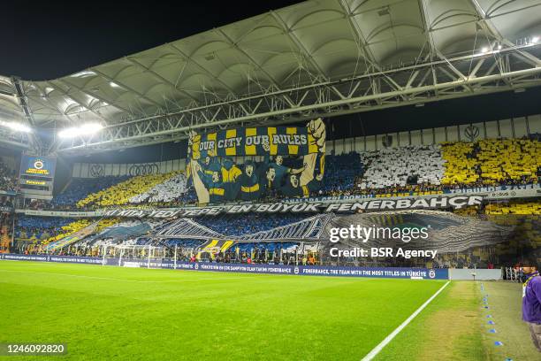 Fenerbahce supporters during the Turkish Super Lig match between Fenerbahce and Galatasaray at Sukru Saracoglu Stadium on January 8, 2023 in...