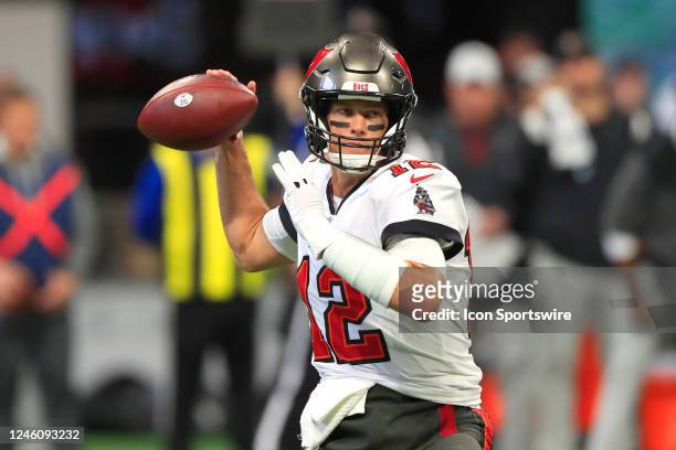 Tampa Bay Buccaneers quarterback Tom Brady drops back to pass during the Sunday afternoon NFL game between the Tampa Bay Buccaneers and the Atlanta...