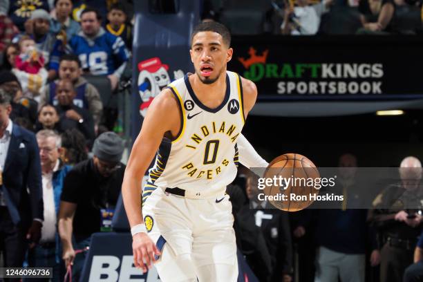 Tyrese Haliburton of the Indiana Pacers handles the ball during the game against the Charlotte Hornets on January 8, 2023 at Pan Am Plaza in...