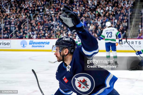 Dylan DeMelo of the Winnipeg Jets celebrates after scoring a short-handed third period goal against the Vancouver Canucks at the Canada Life Centre...