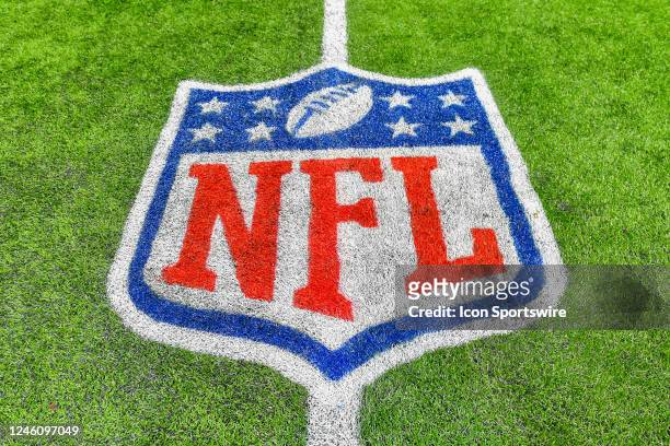 The NFL logo during the NFL game between the Tampa Bay Buccaneers and the Atlanta Falcons on January 8th, 2023 at Mercedes-Benz Stadium in Atlanta,...