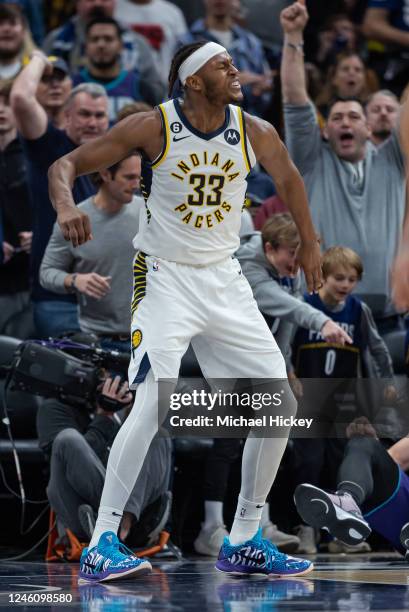 Myles Turner of the Indiana Pacers celebrates in the closing minutes against the Charlotte Hornets at Gainbridge Fieldhouse on January 8, 2023 in...