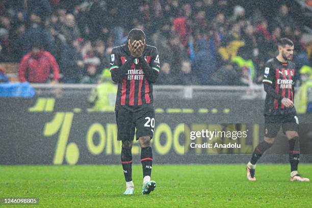 Pierre Kalulu of AC Milan gestures in dejection during the Italian Serie A football match AC Milan vs AS Roma at San Siro stadium in Milan, Italy on...