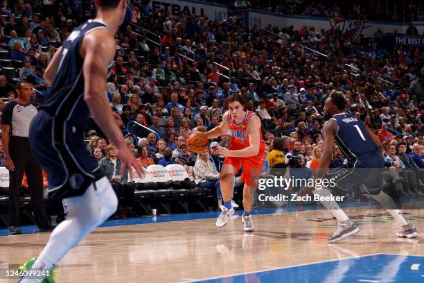 Josh Giddey of the Oklahoma City Thunder drives to the basket during the game against the Dallas Mavericks on January 8, 2023 at Paycom Arena in...