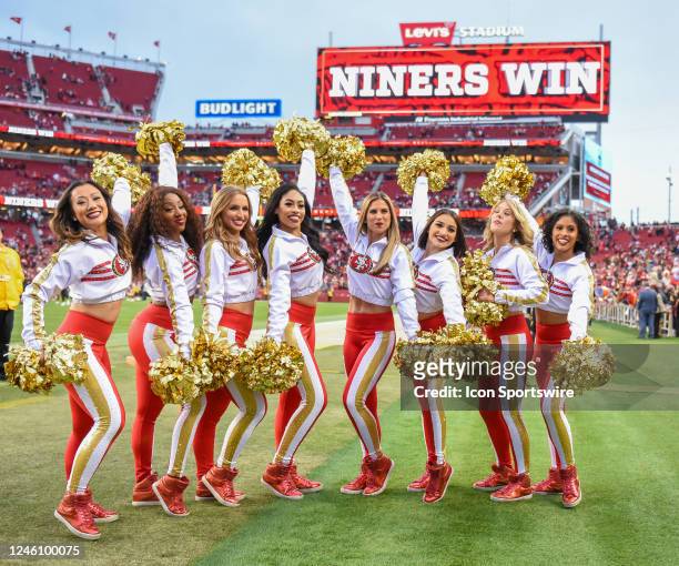 The San Francisco 49ers Gold Rush cheerleaders celebrate the win in the Week 18 game between the Arizona Cardinals and the San Francisco 49ers on...