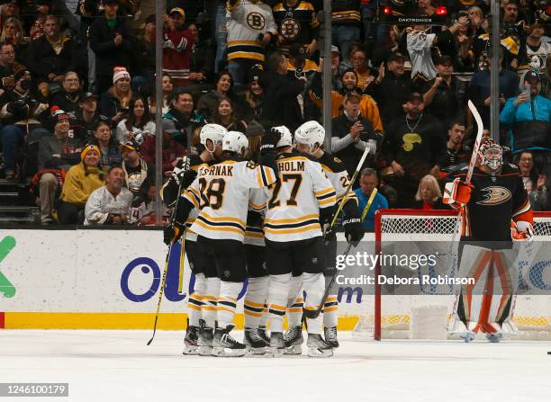Boston Bruins celebrate David Krejcis goal during the first period against the Anaheim Ducks at Honda Center on January 8, 2023 in Anaheim,...
