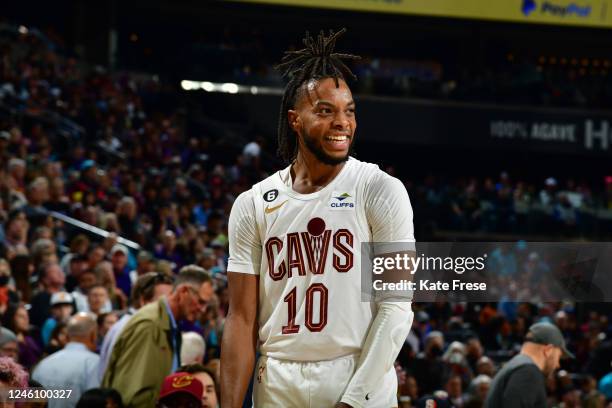 Darius Garland of the Cleveland Cavaliers smiles during the game against the Phoenix Suns on January 8, 2023 at Footprint Center in Phoenix, Arizona....