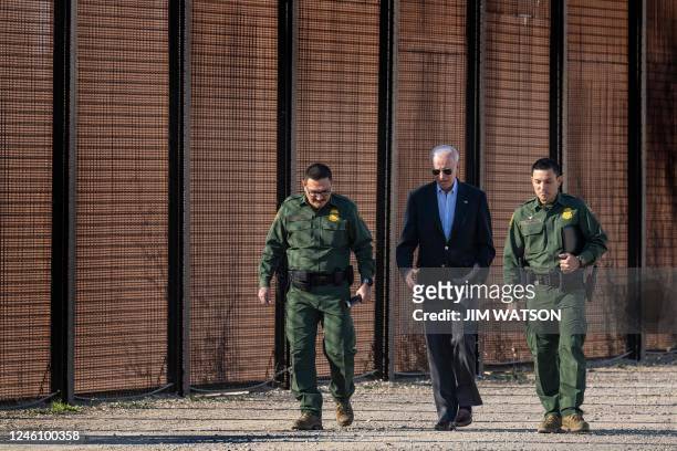 President Joe Biden speaks with US Customs and Border Protection officers as he visits the US-Mexico border in El Paso, Texas, on January 8, 2023.