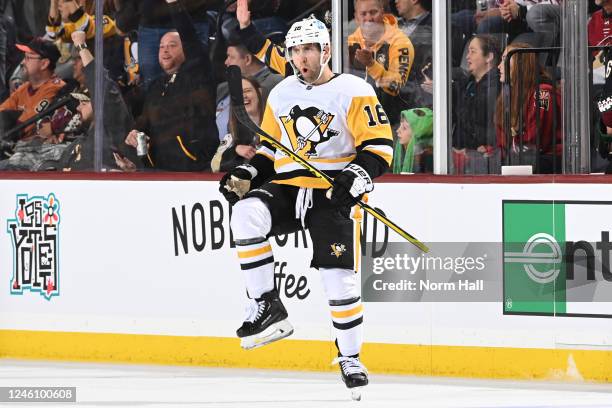 Jason Zucker of the Pittsburgh Penguins celebrates after scoring a goal during the third period against the Arizona Coyotes at Mullett Arena on...