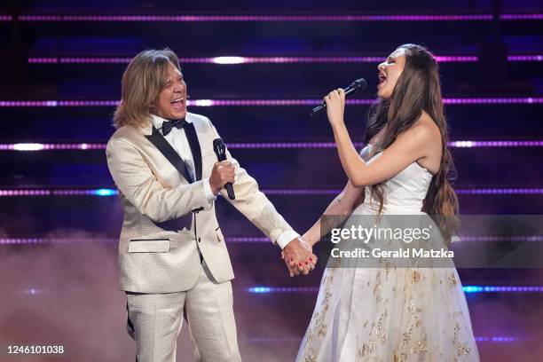 Jürgen Drews and Joelina Drews on stage during the Zum Allerletzten Mal: Der Große Schlagerabschied! TV Show on October 22, 2022 in Leipzig, Germany.