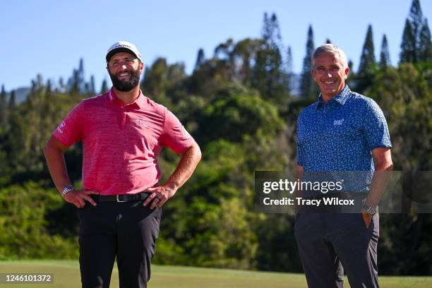 Jon Rahm of Spain and PGA TOUR Commissioner, Jon Rahm, share a laugh during the final round of the Sentry Tournament of Champions on The Plantation...