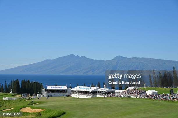 Scenic view of the 18th hole during the final round of the Sentry Tournament of Champions on The Plantation Course at Kapalua on January 8, 2023 in...