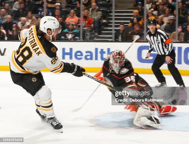 David Pastrnak of the Boston Bruins makes a goal during the second period against the Anaheim Ducks at Honda Center on January 8, 2023 in Anaheim,...