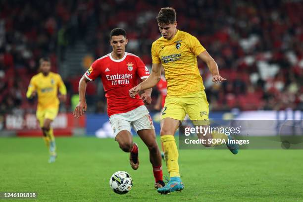Alexander Bah of SL Benfica with Filipe Relvas of Portimonense SC seen during the Liga Portugal Bwin match between SL Benfica and Portimonense SC at...