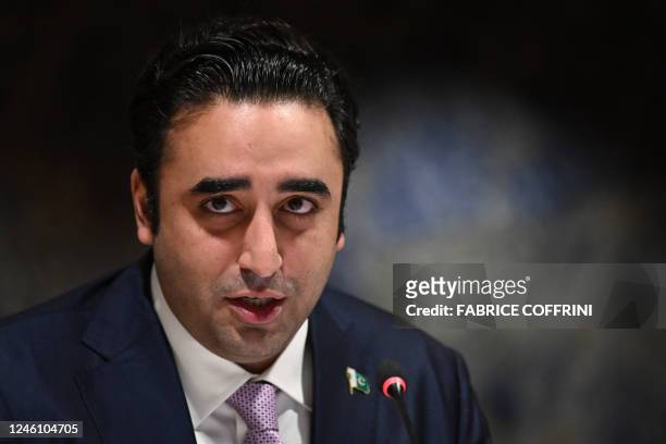 Pakistan's Foreign Minister Bilawal Bhutto Zardari delivers a speech during a Pakistan's Resilience to Climate Change conference in Geneva on January...