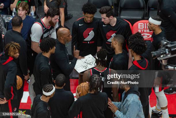 January 8, 2023: Head Coach of Portland Trail Blazers Chauncey Billups gives instructions during the Toronto Raptors v Portland Trail Blazers NBA...