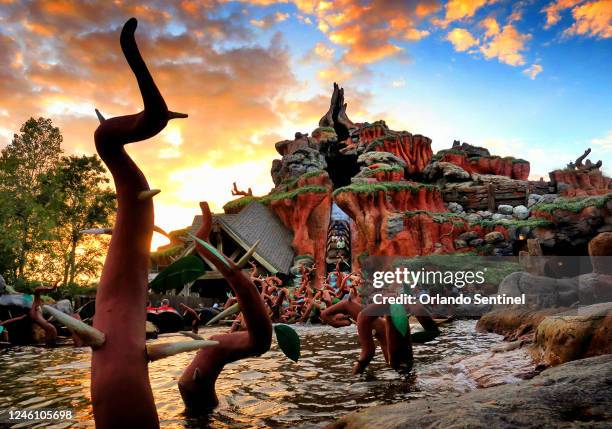 The sun sets on Splash Mountain in the Magic Kingdom at Walt Disney World, Thursday, Dec. 7, 2022. The popular attraction opened in 1992 and will...