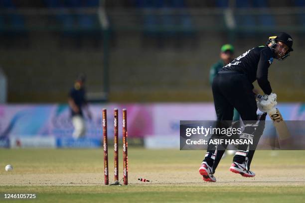 New Zealand's Devon Conway is clean bowled by Pakistan's Naseem Shah during the first one-day international cricket match between Pakistan and New...