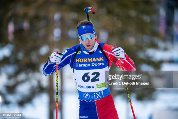 Emilien Claude of France in action competes during the Men 10 km Sprint at the IBU World Championships Biathlon Pokljuka on January 6, 2023 in...