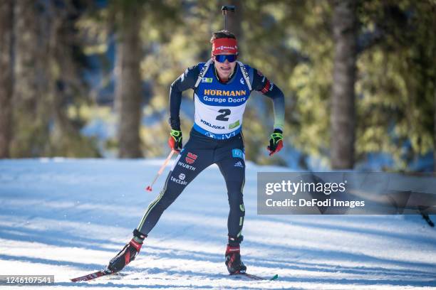 Benedikt Doll of Germany in action competes during the Men 10 km Sprint at the IBU World Championships Biathlon Pokljuka on January 6, 2023 in...