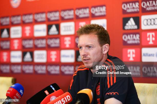 Head coach Julian Nagelsmann of Bayern Muenchen speaks to media during the press conference on the second day of the FC Bayern München Doha Training...