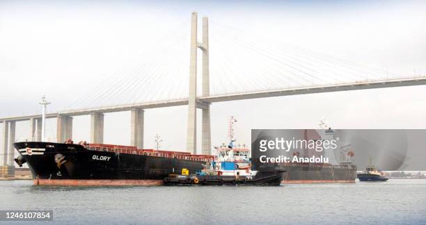 View of the ship named âGloryâ which ran aground in the waterway in Al Qantara, Egypt on January 9, 2023. The Suez Canal Authority successfully...