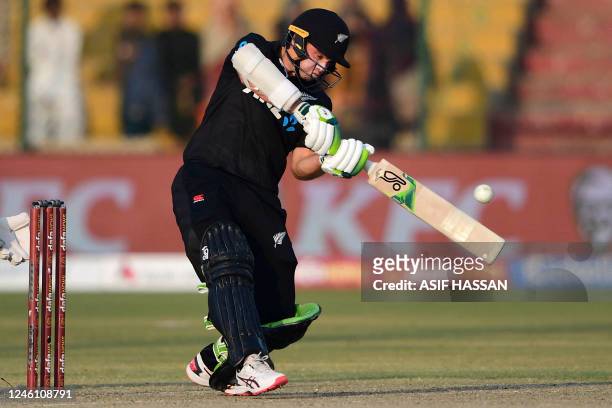 New Zealand's Tom Latham plays a shot during the first one-day international cricket match between Pakistan and New Zealand at the National Stadium...