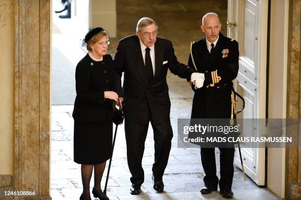 Picture taken on February 20, 2018 shows Constantine II, former King of Greece , and his wife Anne-Marie, former Queen of Greece and Danish royal ,...