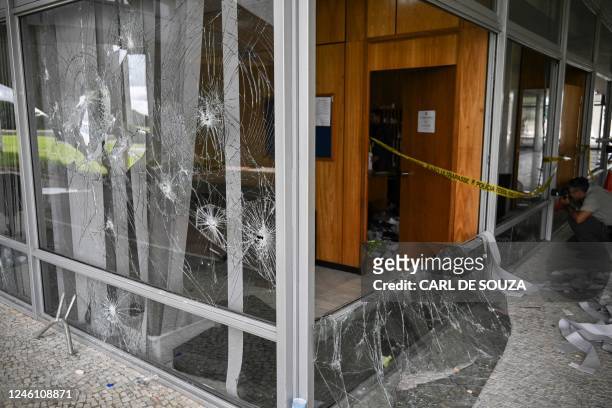 Partial view of offices destroyed by supporters of Brazilian former President Jair Bolsonaro during an invasion at Planalto Presdiential Palace in...