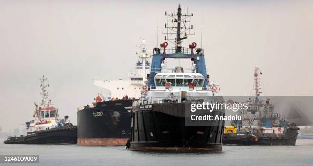 View of the ship named âGloryâ which ran aground in the waterway in Al Qantara, Egypt on January 9, 2023. The Suez Canal Authority successfully...