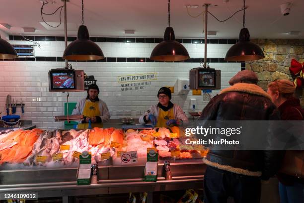 Interior of a fishmonger in the harbor area of Howth, a population center in the administrative County of Fingal, County Dublin, Republic of Ireland....