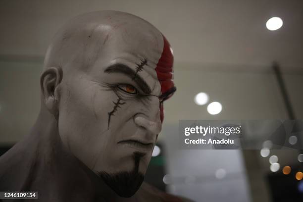 Sculpture of Kratos from God of War is seen at the "Mutante" exhibition by sculptor Ramiro Sirpa in La Paz, Bolivia on December 22, 2022. Ramiro...
